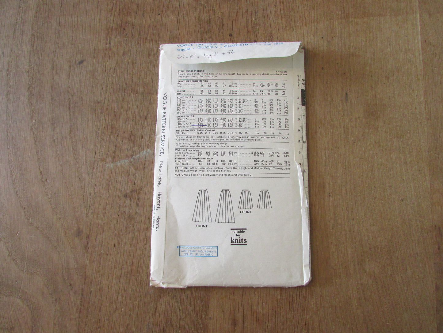 Used 1970s Vogue Patterns 8728 sewing pattern for misses' skirt, size 8 (complete)