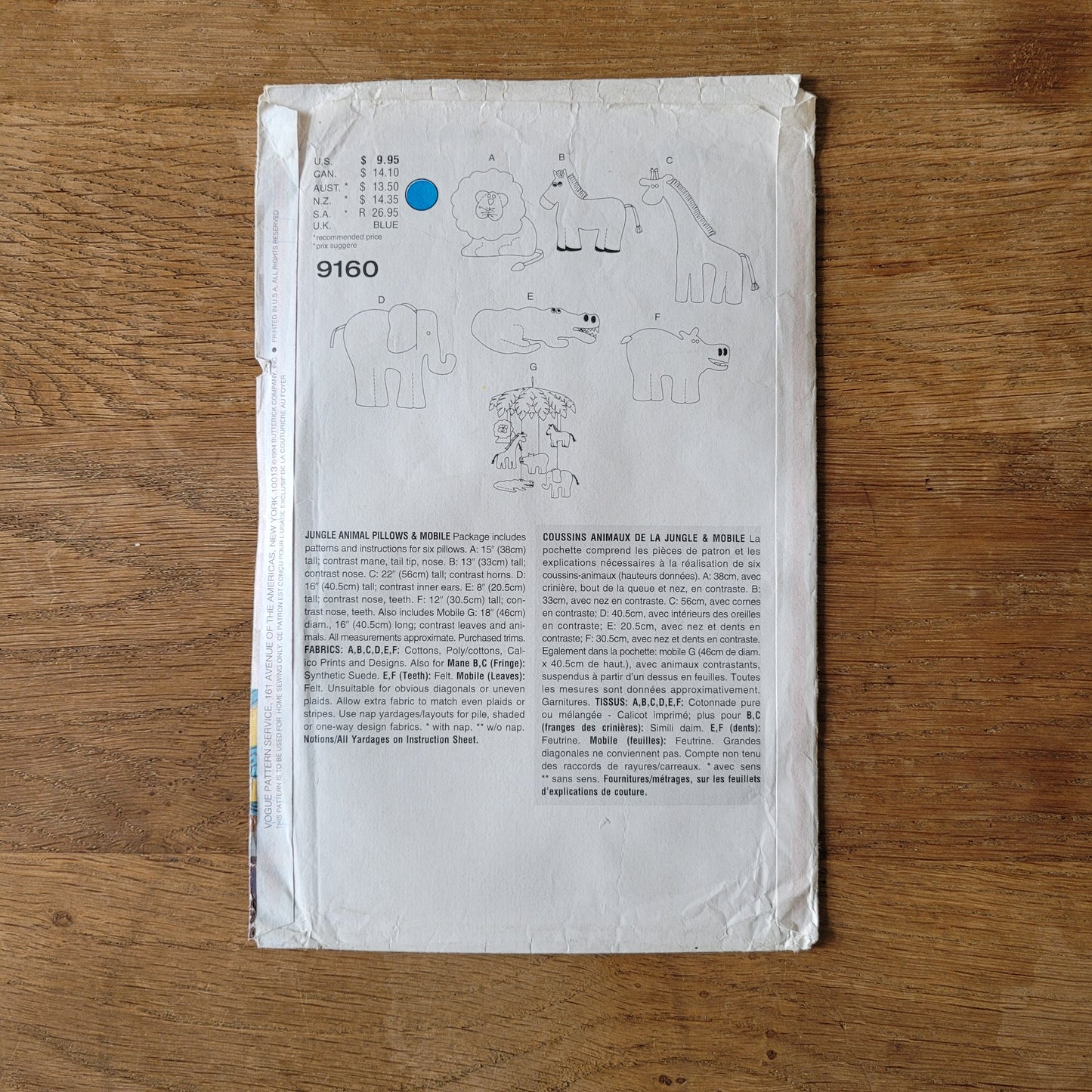 Uncut 1994 Vogue Craft 9160 sewing pattern for jungle animal pillows & mobile (complete)