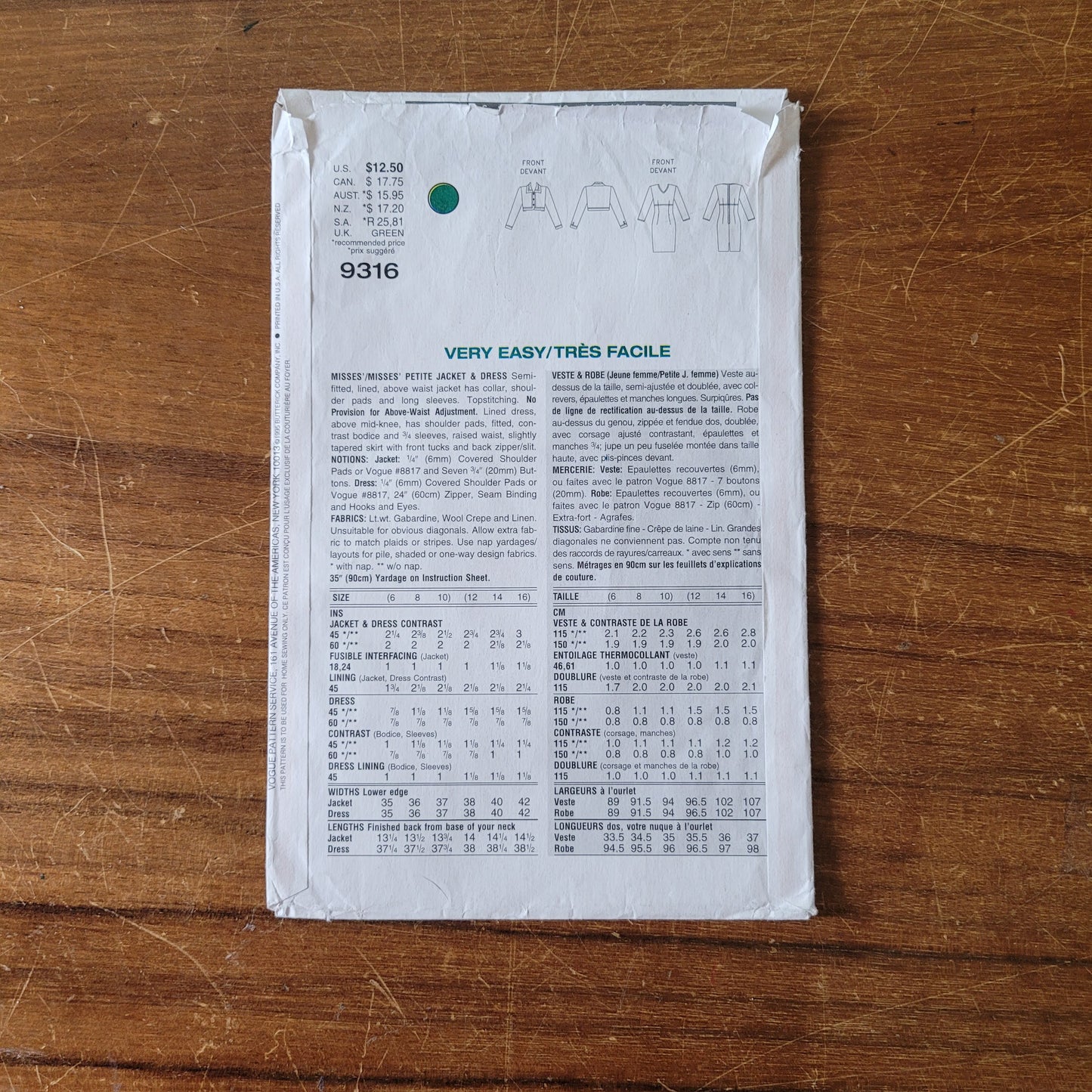 Uncut 1995 Vogue 9316 sewing pattern for misses'/misses' petite jacket & dress, sizes 12 to 14 (complete)