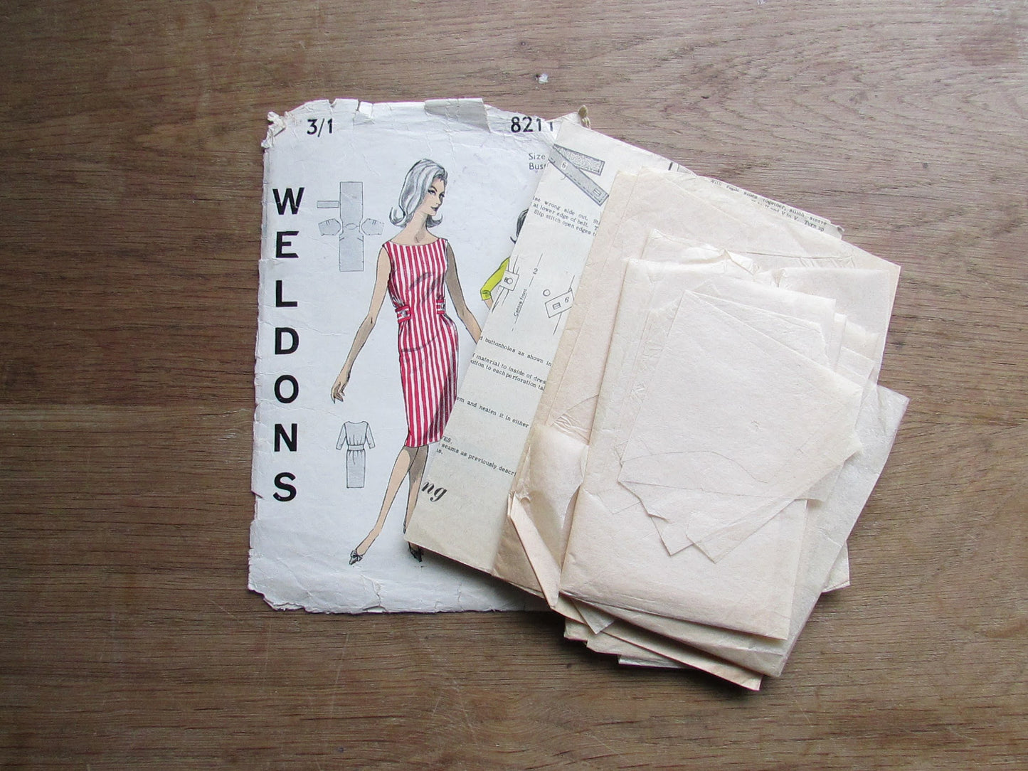 Part cut 1960s Weldons 8211 sewing pattern for misses' dress, size 16 (see description below)