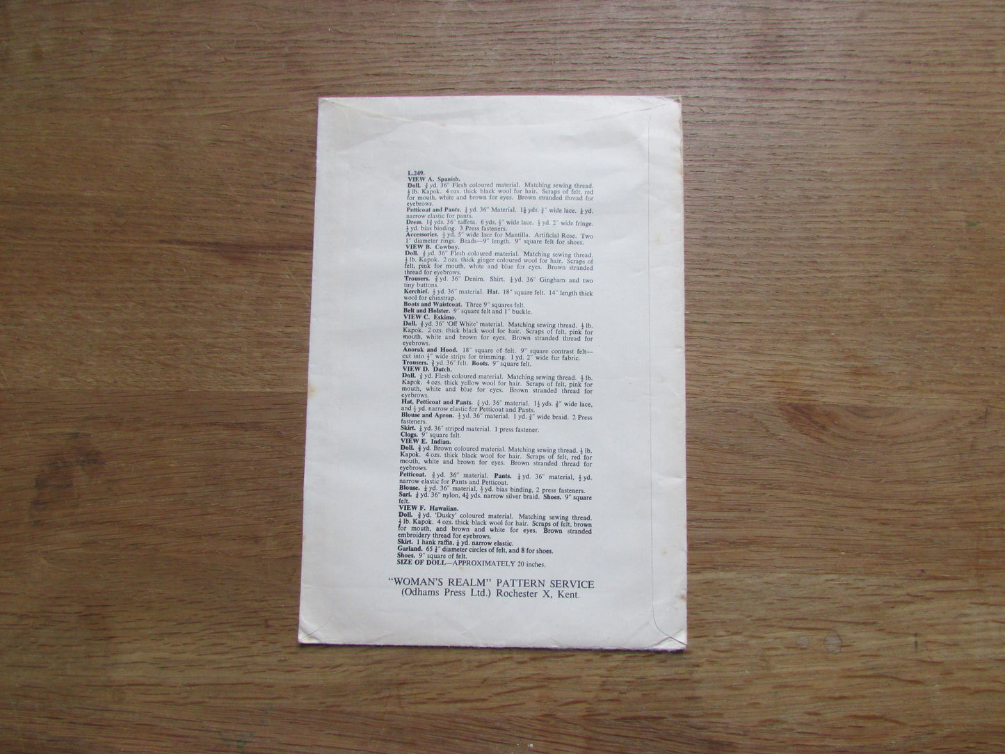 Uncut 1970s Woman's Realm L249 sewing pattern for world doll costumes (complete)