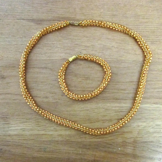 1980s gold twisted crochet style bead necklace & matching bracelet