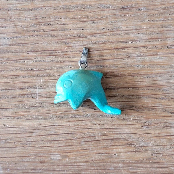 1980s Cornish carved soapstone turquoise dolphin pendant