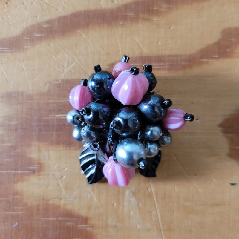 1950s pink & black glass cluster bead stretch cuff bangle and matching brooch