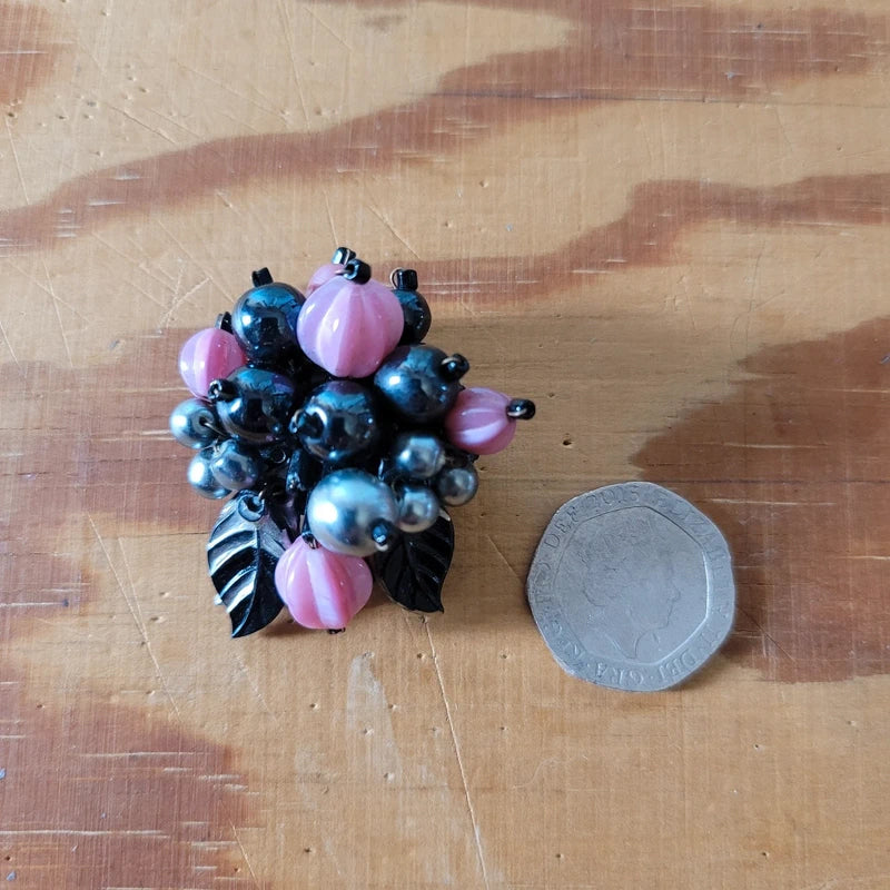 1950s pink & black glass cluster bead stretch cuff bangle and matching brooch