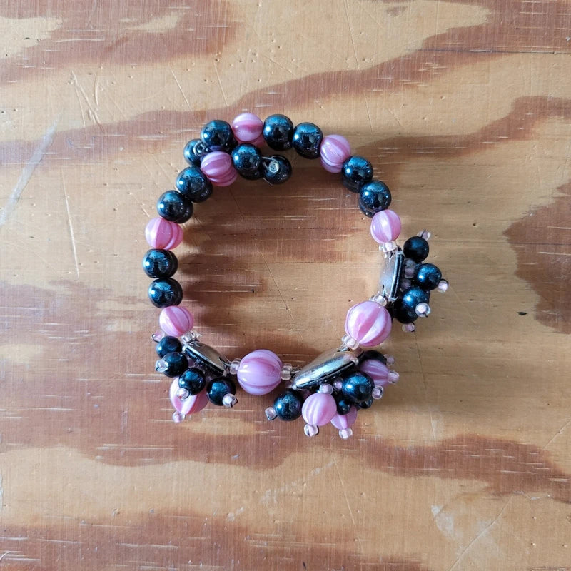 1950s pink & black glass cluster bead stretch cuff bangle and matching brooch