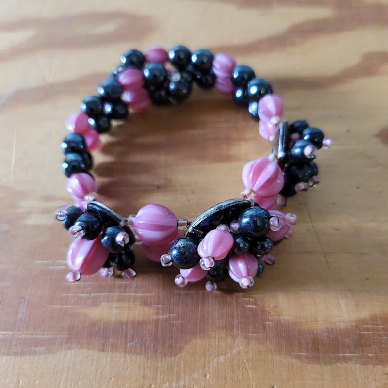 1950s pink & black glass cluster bead stretch cuff bangle and matching brooch