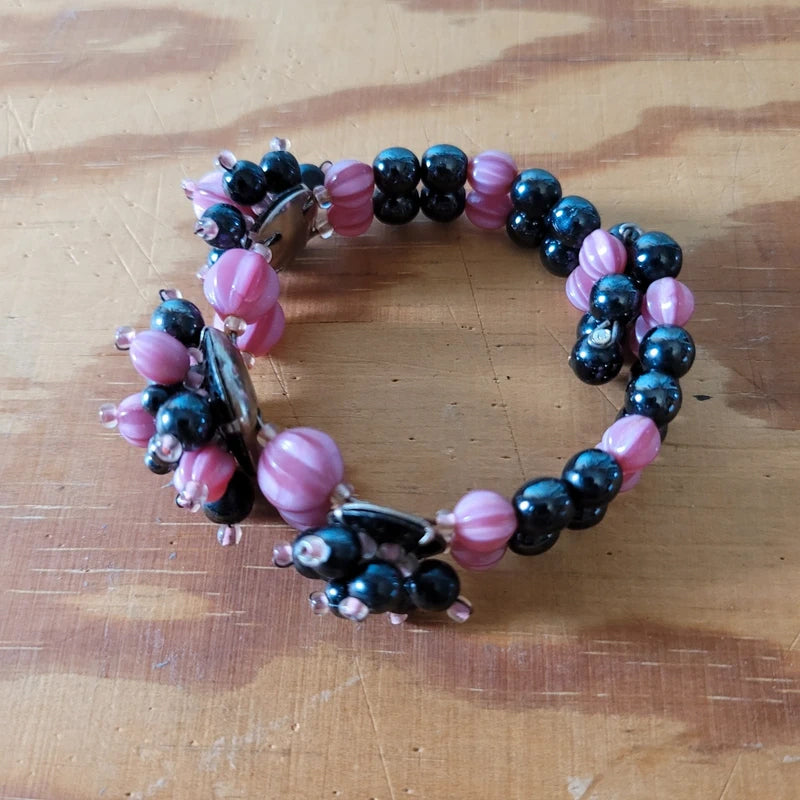 1950s pink & black glass cluster bead stretch cuff bangle and matching brooch