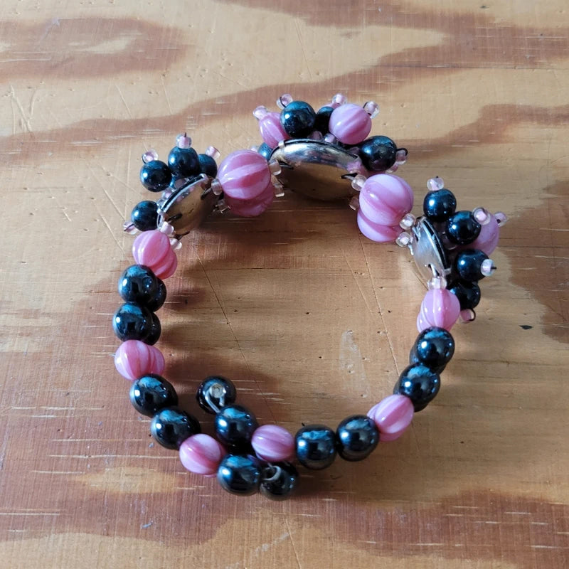 1950s pink & black glass cluster bead stretch cuff bangle and matching brooch