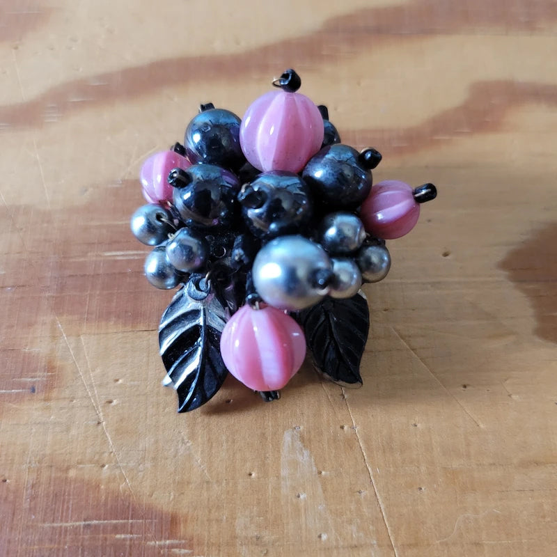 1950s pink & black glass cluster bead stretch cuff bangle and matching brooch
