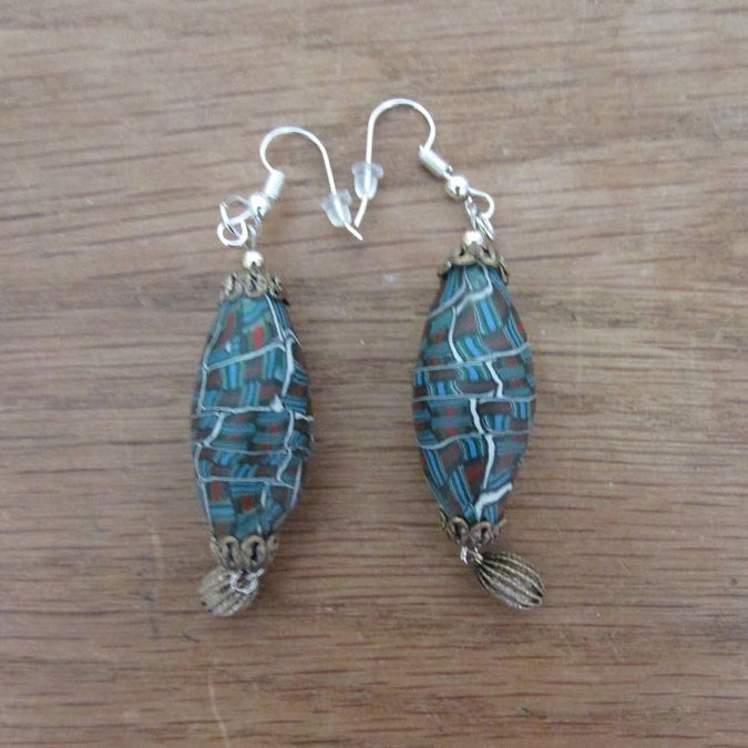 Retro home-made earrings made using vintage abstract pattern beads