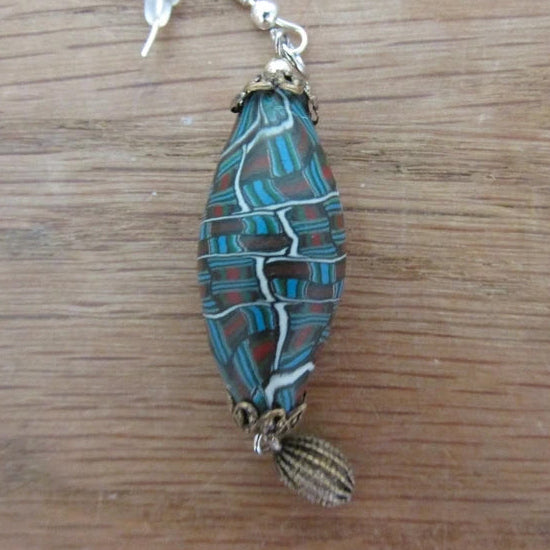 Retro home-made earrings made using vintage abstract pattern beads