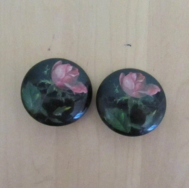 1980s black lacquered rose print round clip-on earrings