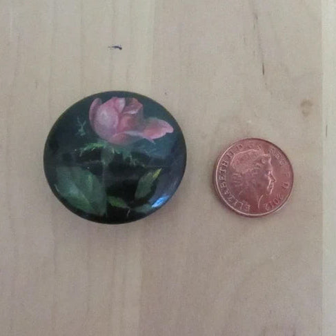 1980s black lacquered rose print round clip-on earrings