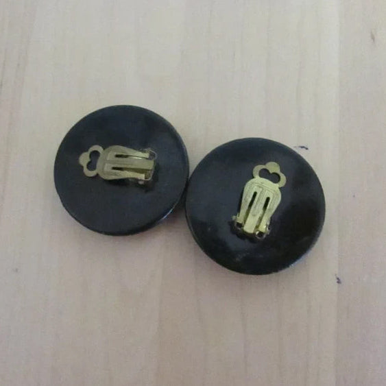 1980s black lacquered rose print round clip-on earrings
