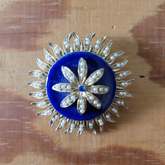 1950s Victorian-style gold-tone & blue enamel three dimensional flower brooch with faux-pearl trim detail