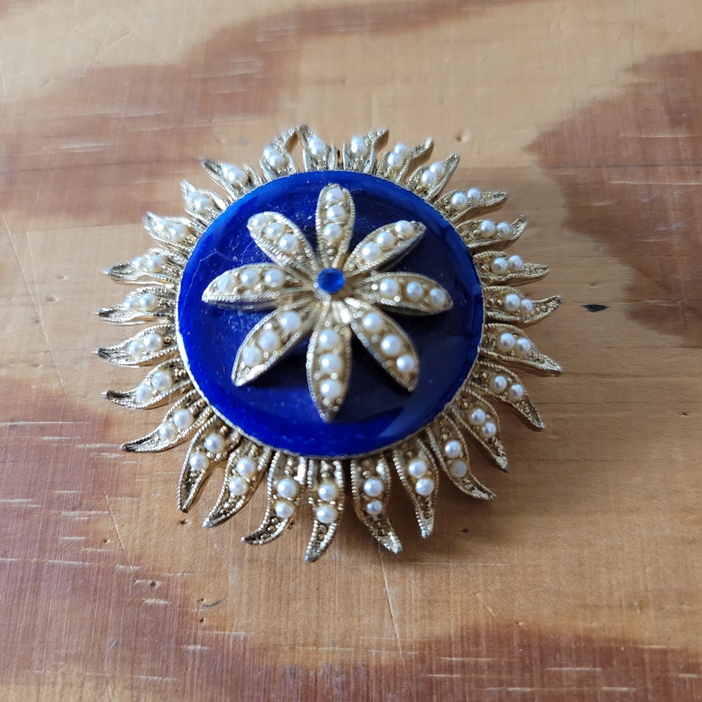 1950s Victorian-style gold-tone & blue enamel three dimensional flower brooch with faux-pearl trim detail