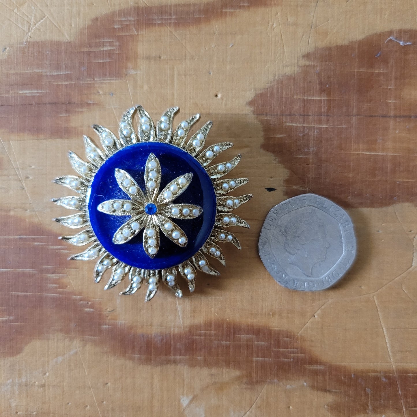 1950s Victorian-style gold-tone & blue enamel three dimensional flower brooch with faux-pearl trim detail