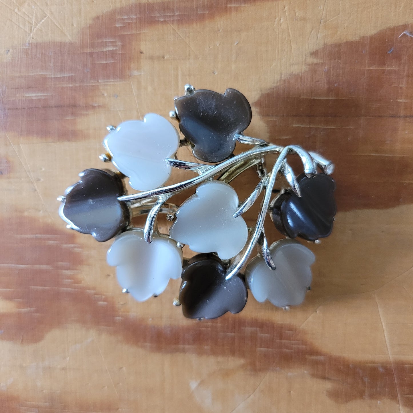 Vintage large two-tone lucite leaf brooch