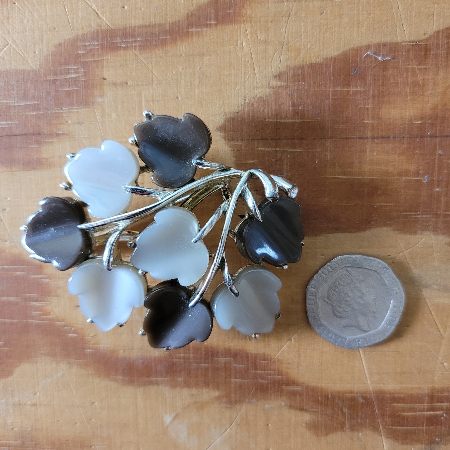 Vintage large two-tone lucite leaf brooch
