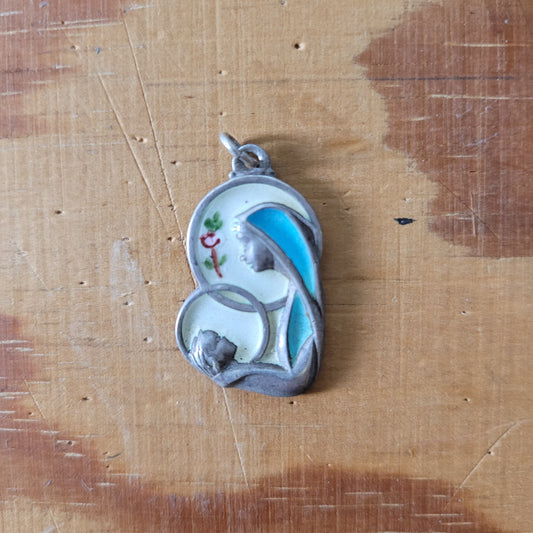 Vintage enamelled Mary & Jesus silver pendant, stamped Creed Sterling
