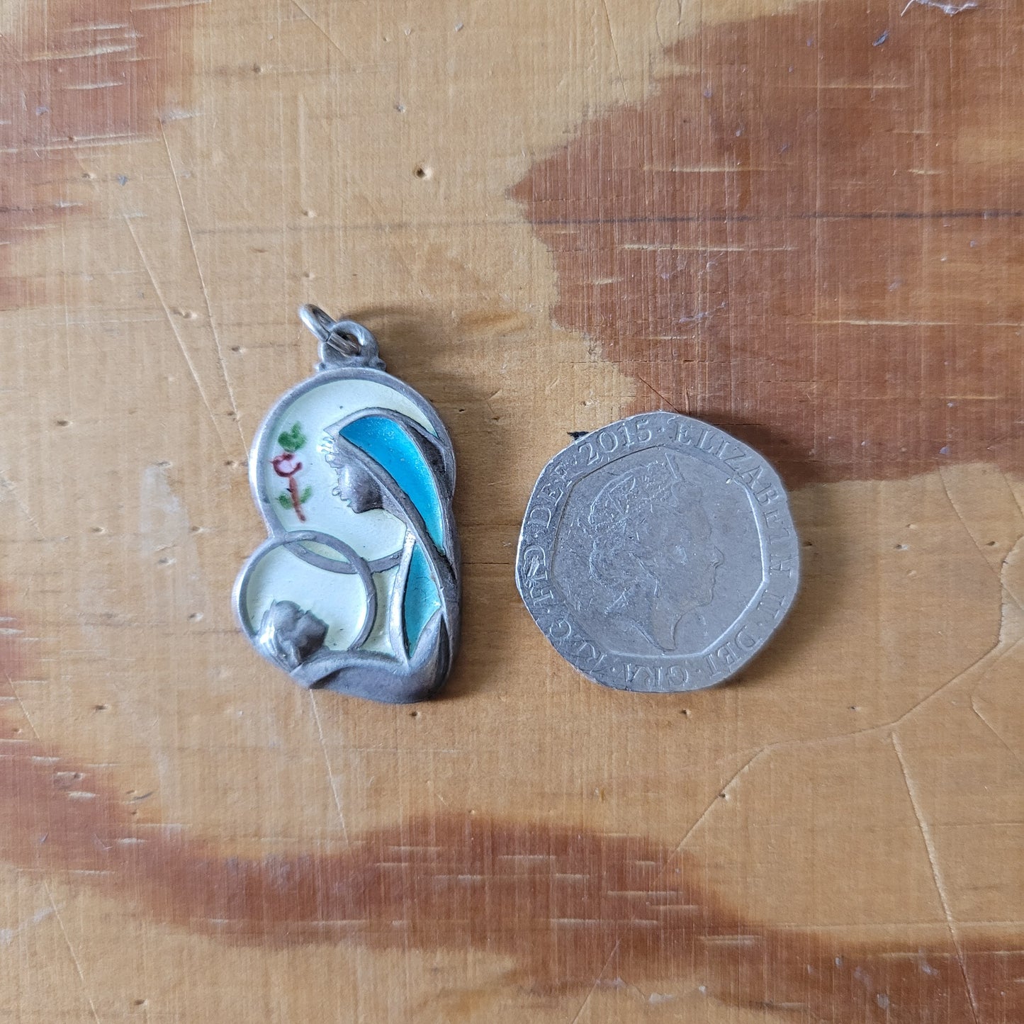 Vintage enamelled Mary & Jesus silver pendant, stamped Creed Sterling