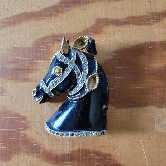 Vintage Sphinx large black enamel and rhinestone horse head brooch