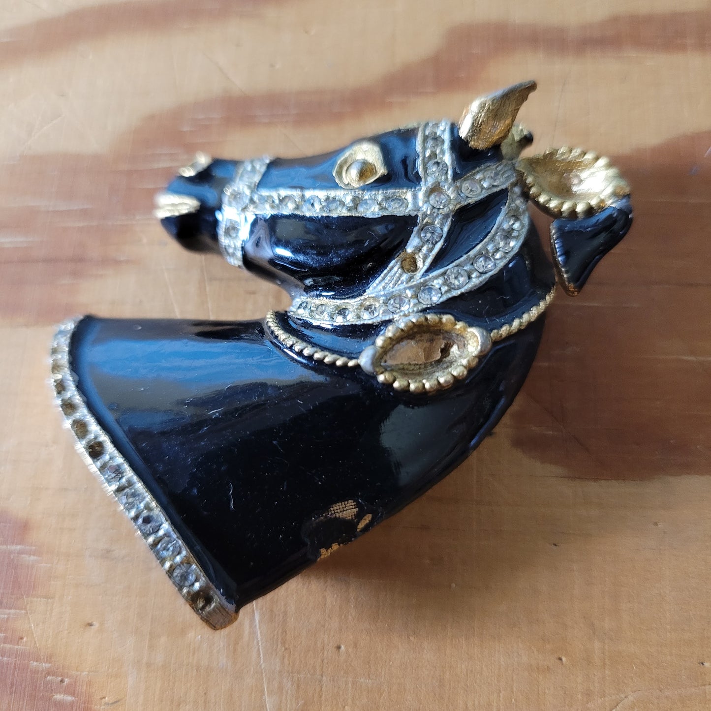 Vintage Sphinx large black enamel and rhinestone horse head brooch