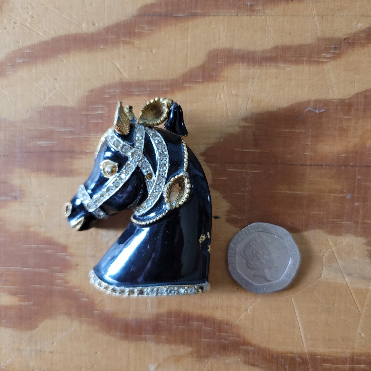 Vintage Sphinx large black enamel and rhinestone horse head brooch