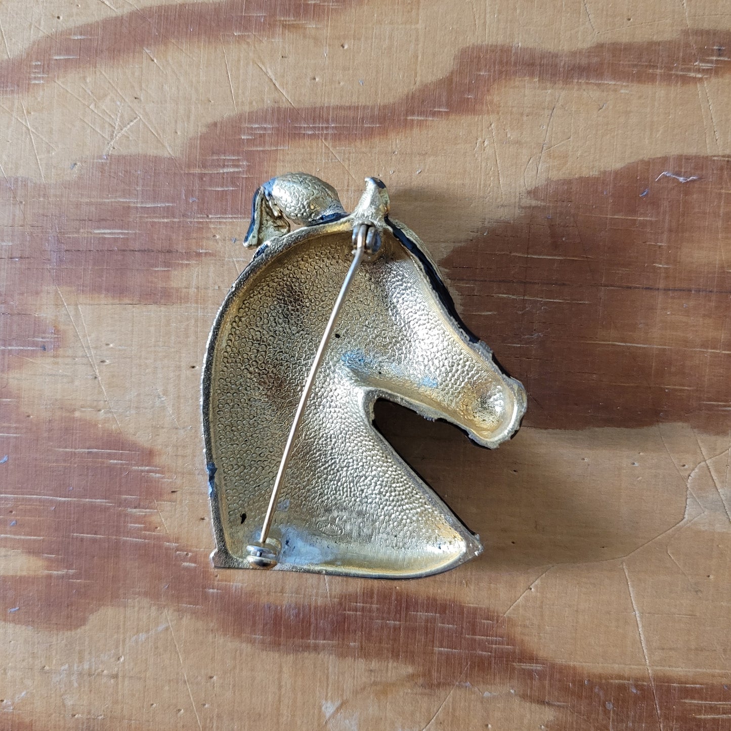 Vintage Sphinx large black enamel and rhinestone horse head brooch