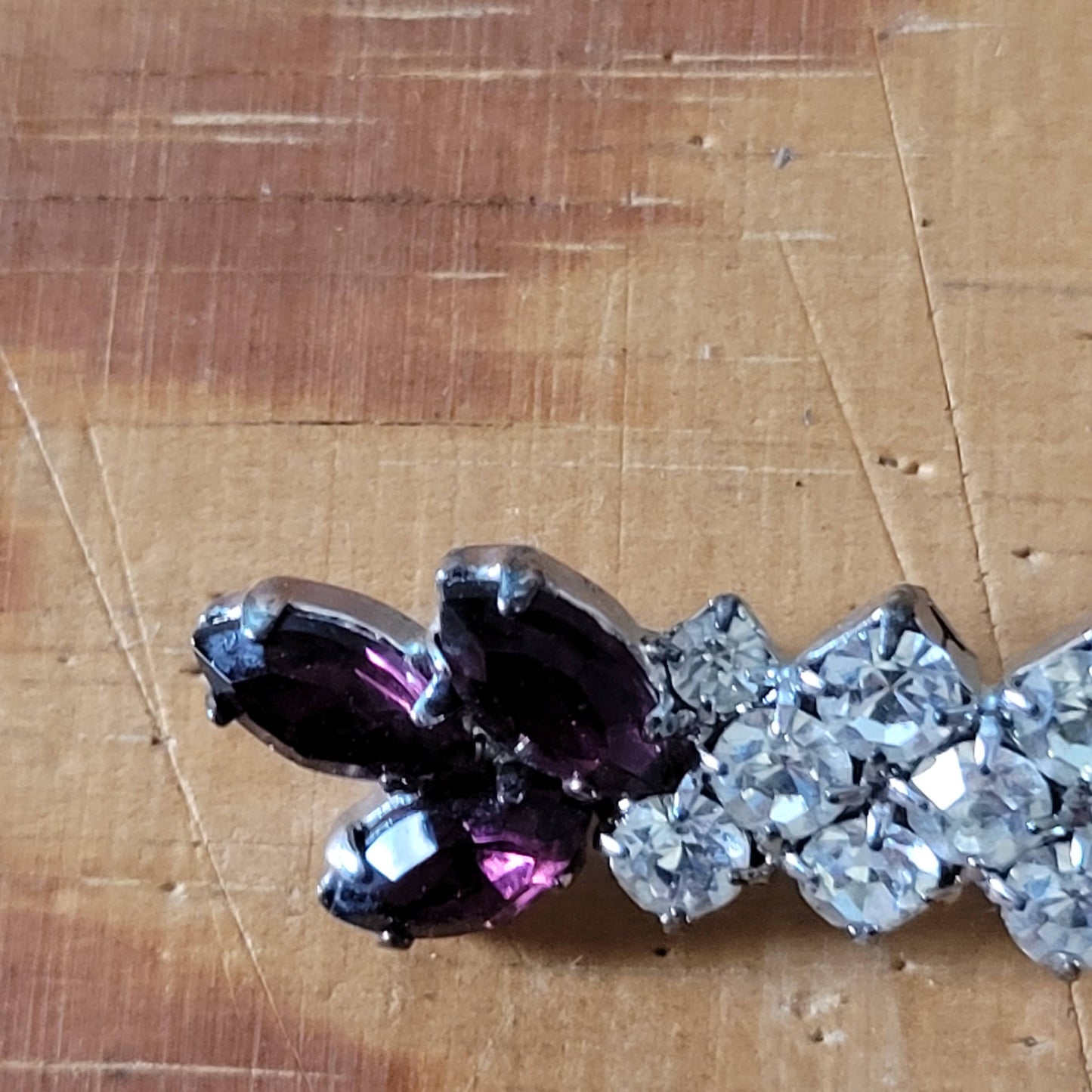 Vintage purple glass & clear rhinestone baguette brooch
