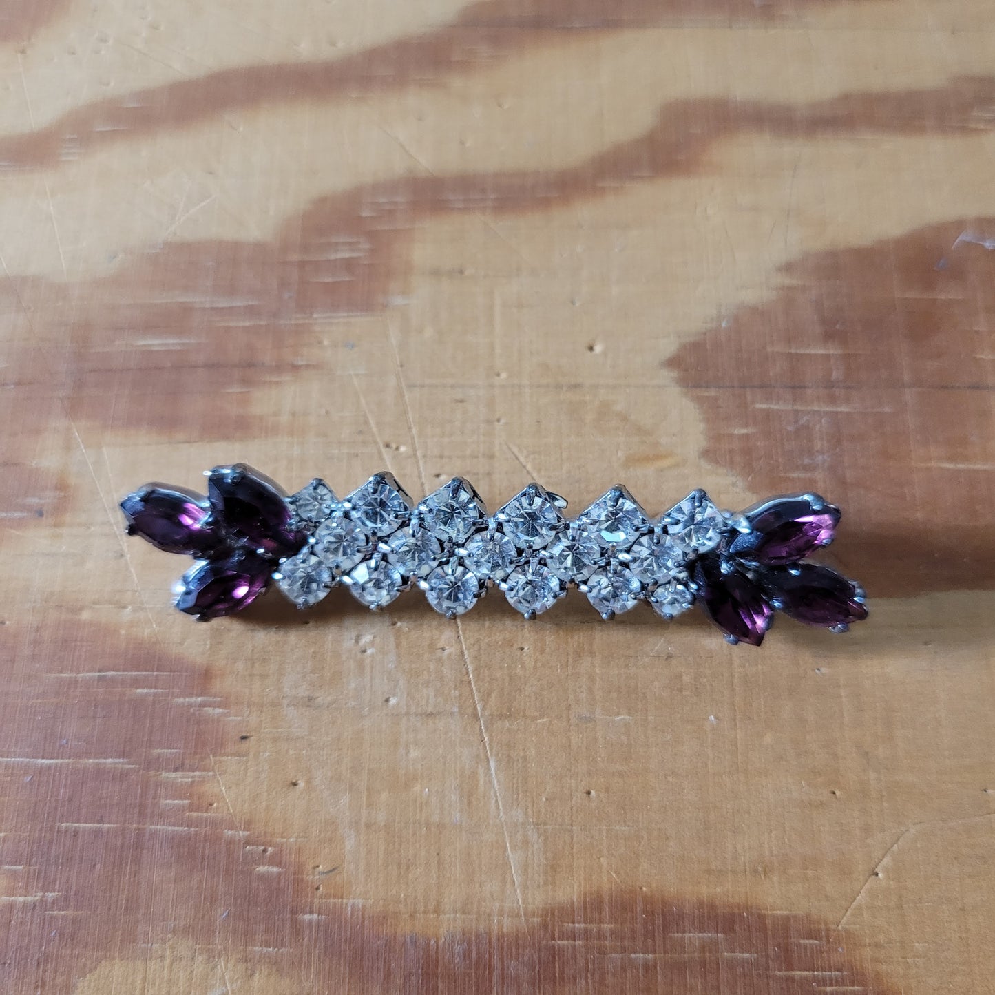 Vintage purple glass & clear rhinestone baguette brooch
