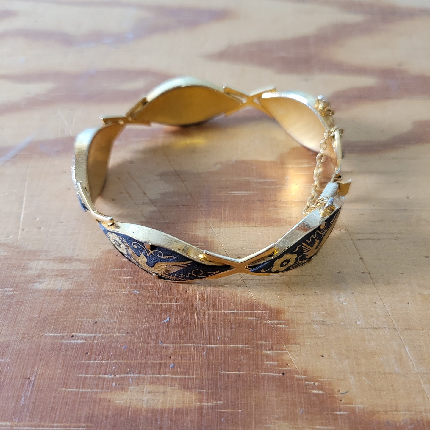 1960s Toledo Damascene bird & flower scene bracelet with safety chain