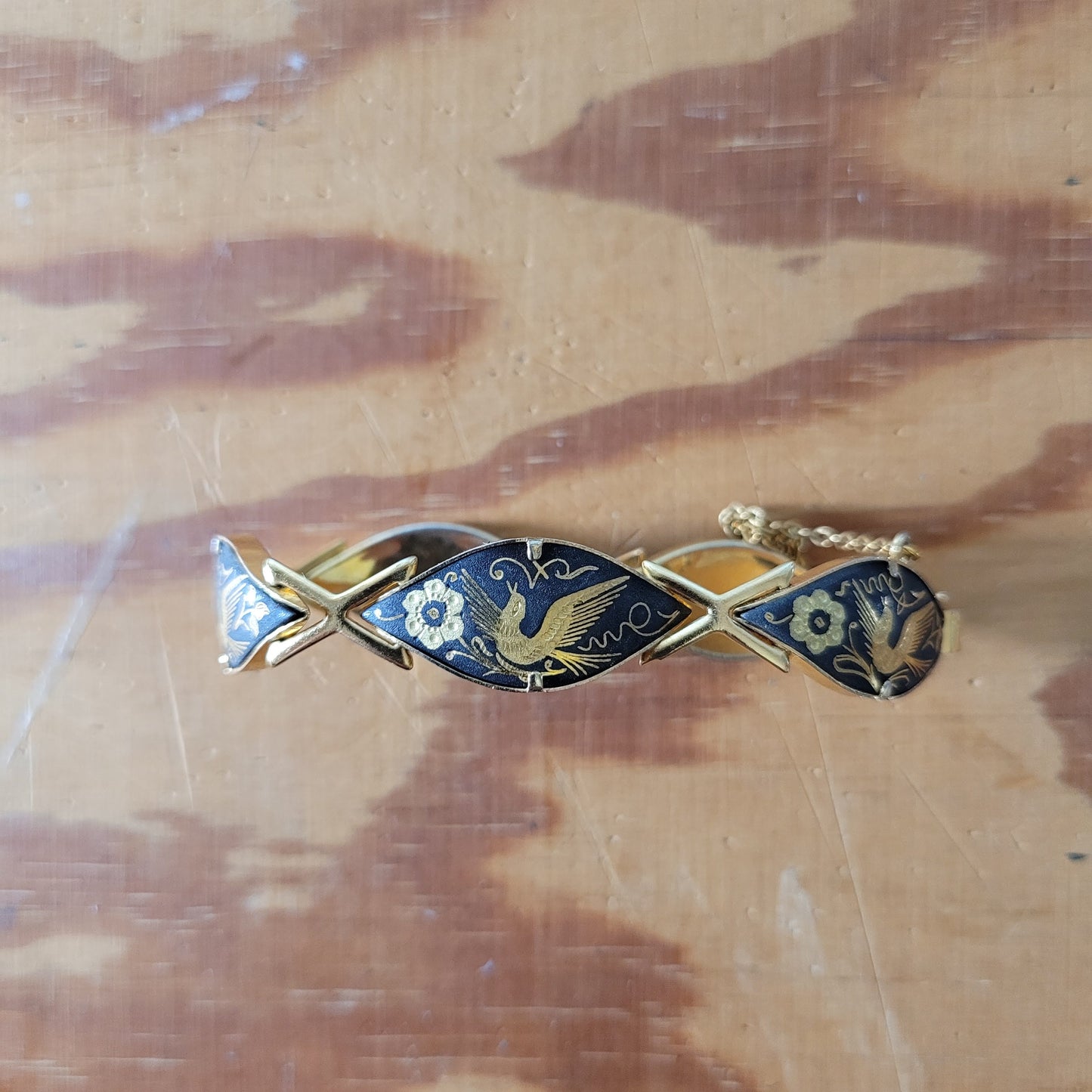 1960s Toledo Damascene bird & flower scene bracelet with safety chain