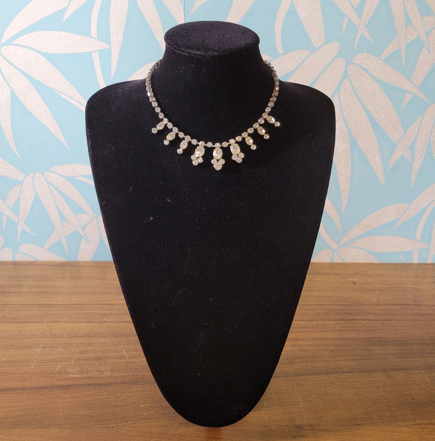 1960s clear crystal rhinestone fringe drop necklace