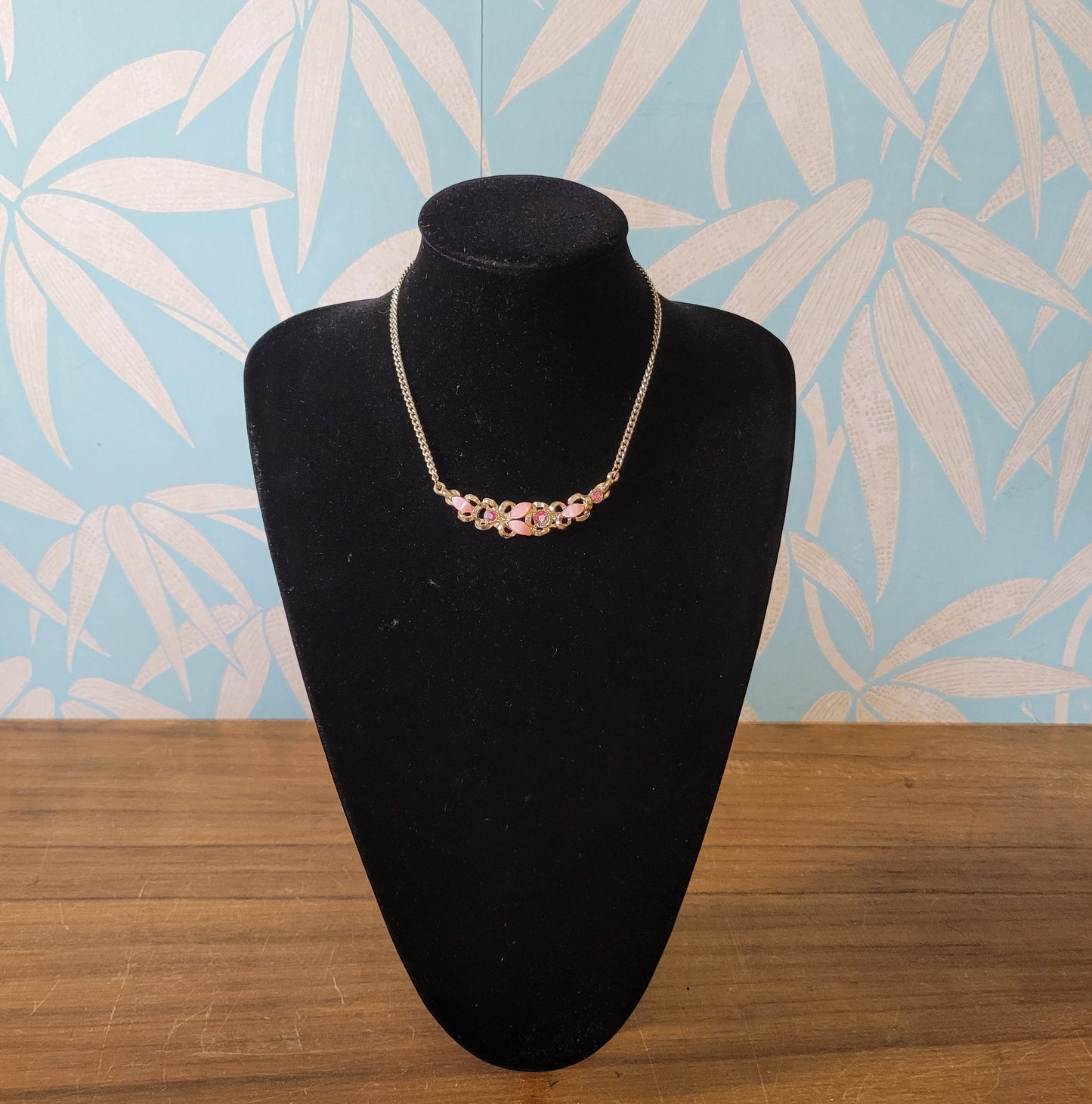 1950s pink Lucite & Aurora Borealis crystal floral necklace