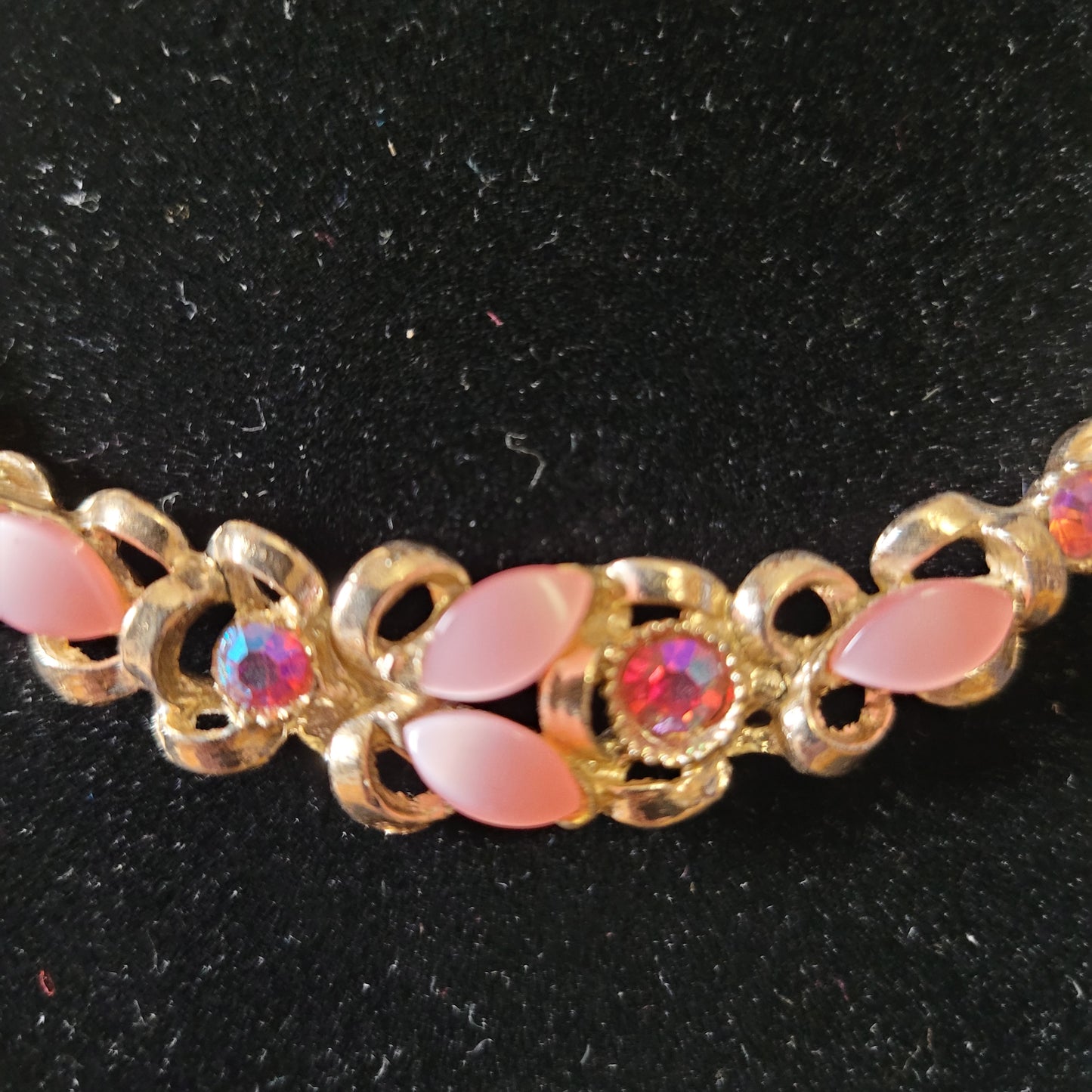 1950s pink Lucite & Aurora Borealis crystal floral necklace