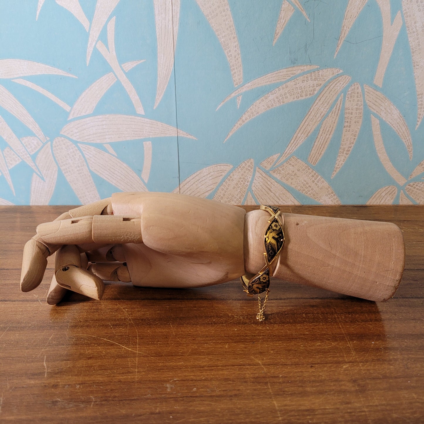 1960s Toledo Damascene bird & flower scene bracelet with safety chain