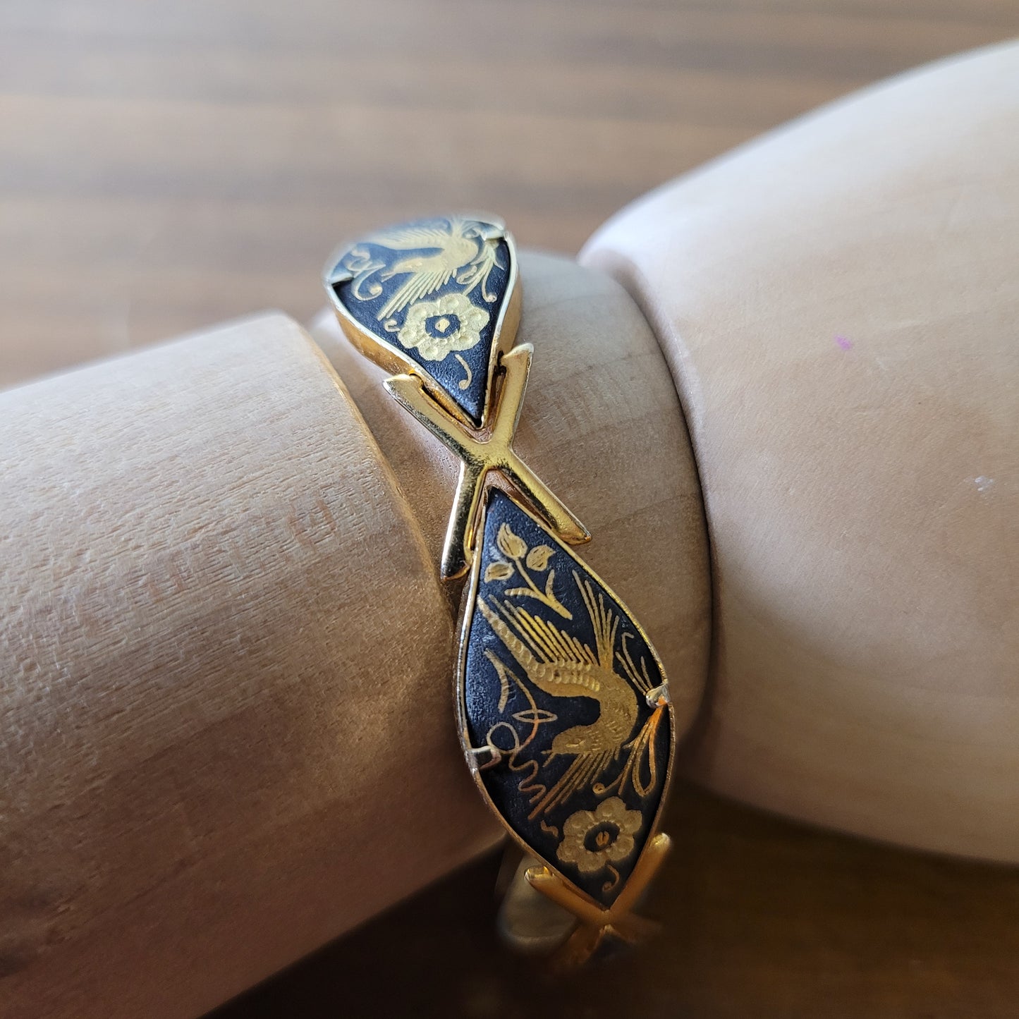 1960s Toledo Damascene bird & flower scene bracelet with safety chain