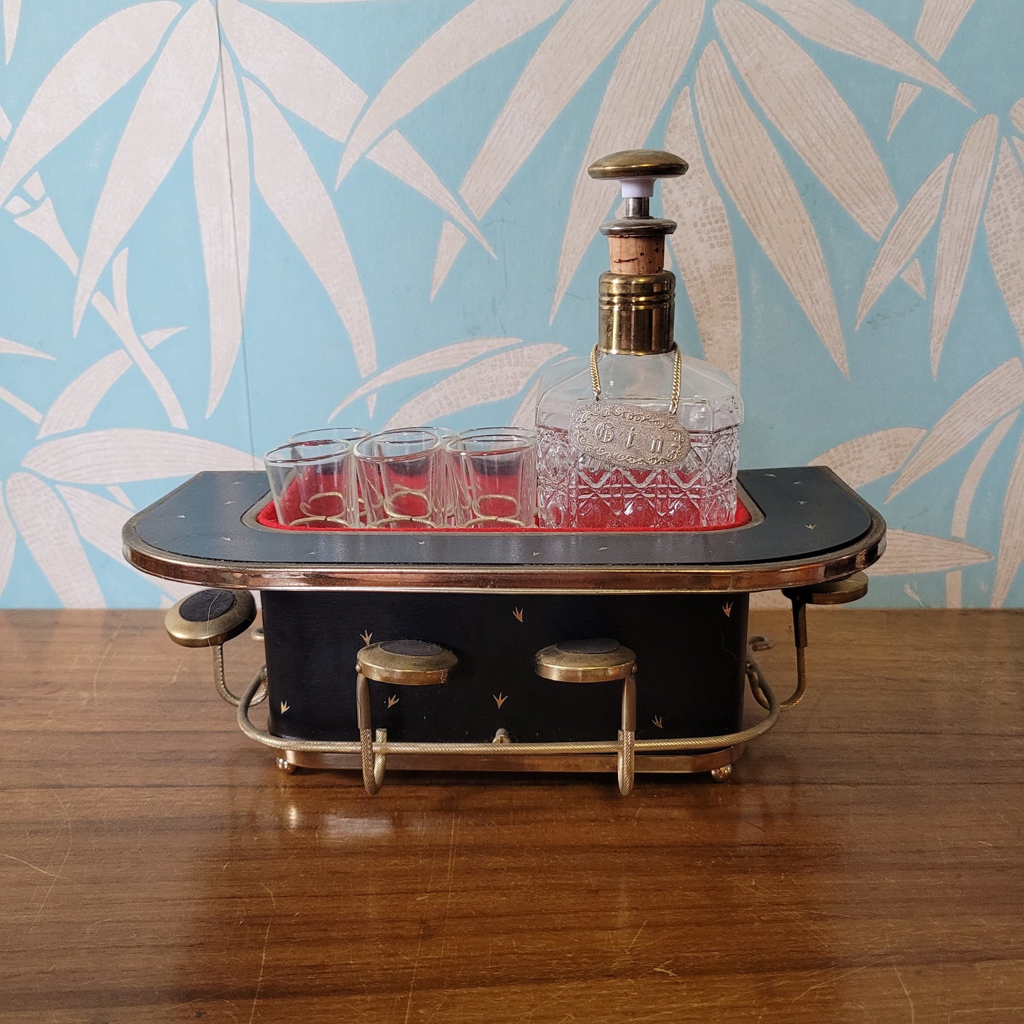 Kitsch 1970s musical mini bar containing crystal Gin/Scotch decanter and six shot glasses, plays 'Swan Lake'