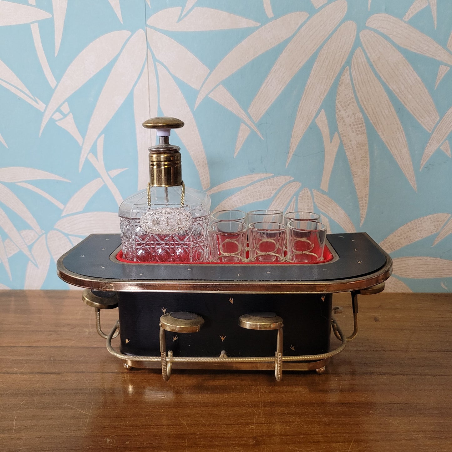 Kitsch 1970s musical mini bar containing crystal Gin/Scotch decanter and six shot glasses, plays 'Swan Lake'