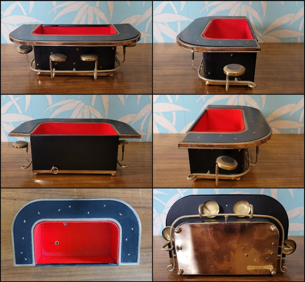 Kitsch 1970s musical mini bar containing crystal Gin/Scotch decanter and six shot glasses, plays 'Swan Lake'