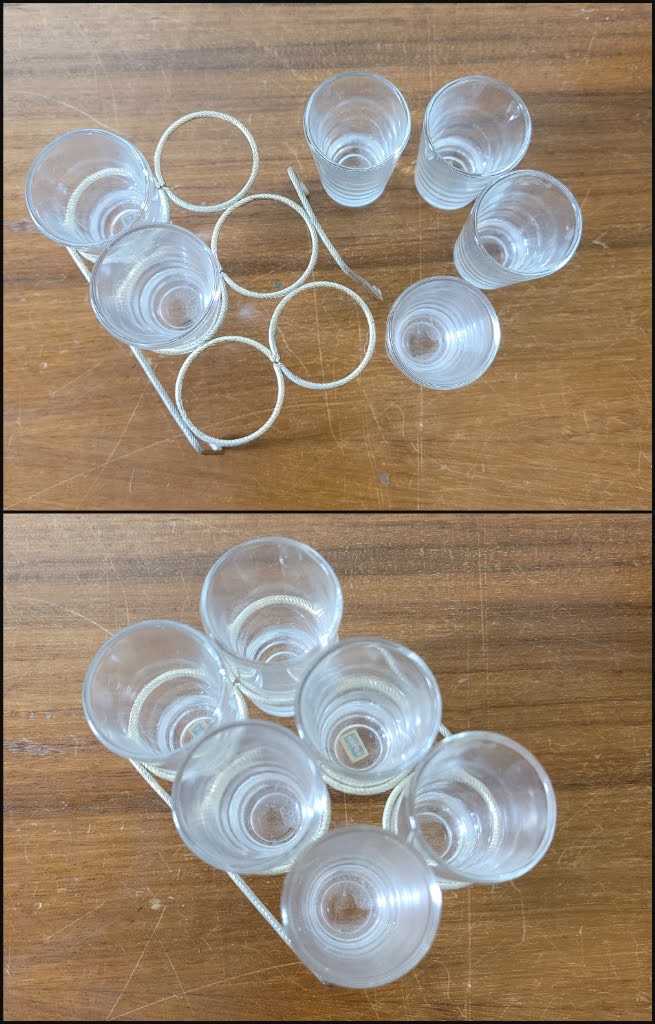 Kitsch 1970s musical mini bar containing crystal Gin/Scotch decanter and six shot glasses, plays 'Swan Lake'