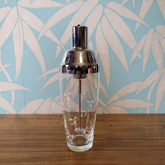 1960s battery-operated glass & chrome cocktail shaker with allover atomic design