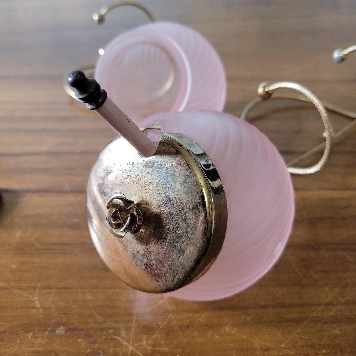 Pair of rare 1970s rose pink glass preserve jars with gold-tone stands & lids