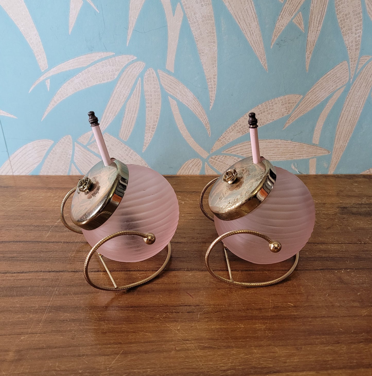 Pair of rare 1970s rose pink glass preserve jars with gold-tone stands & lids