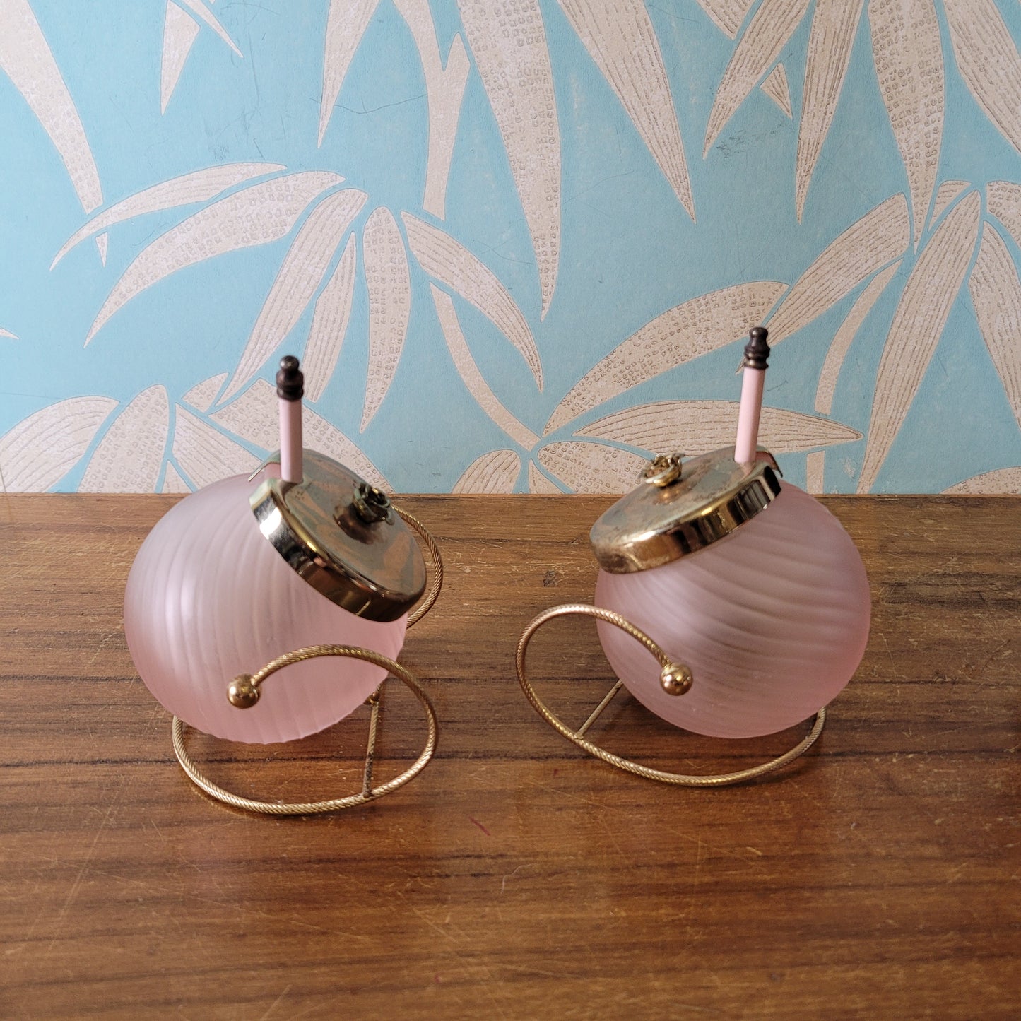 Pair of rare 1970s rose pink glass preserve jars with gold-tone stands & lids
