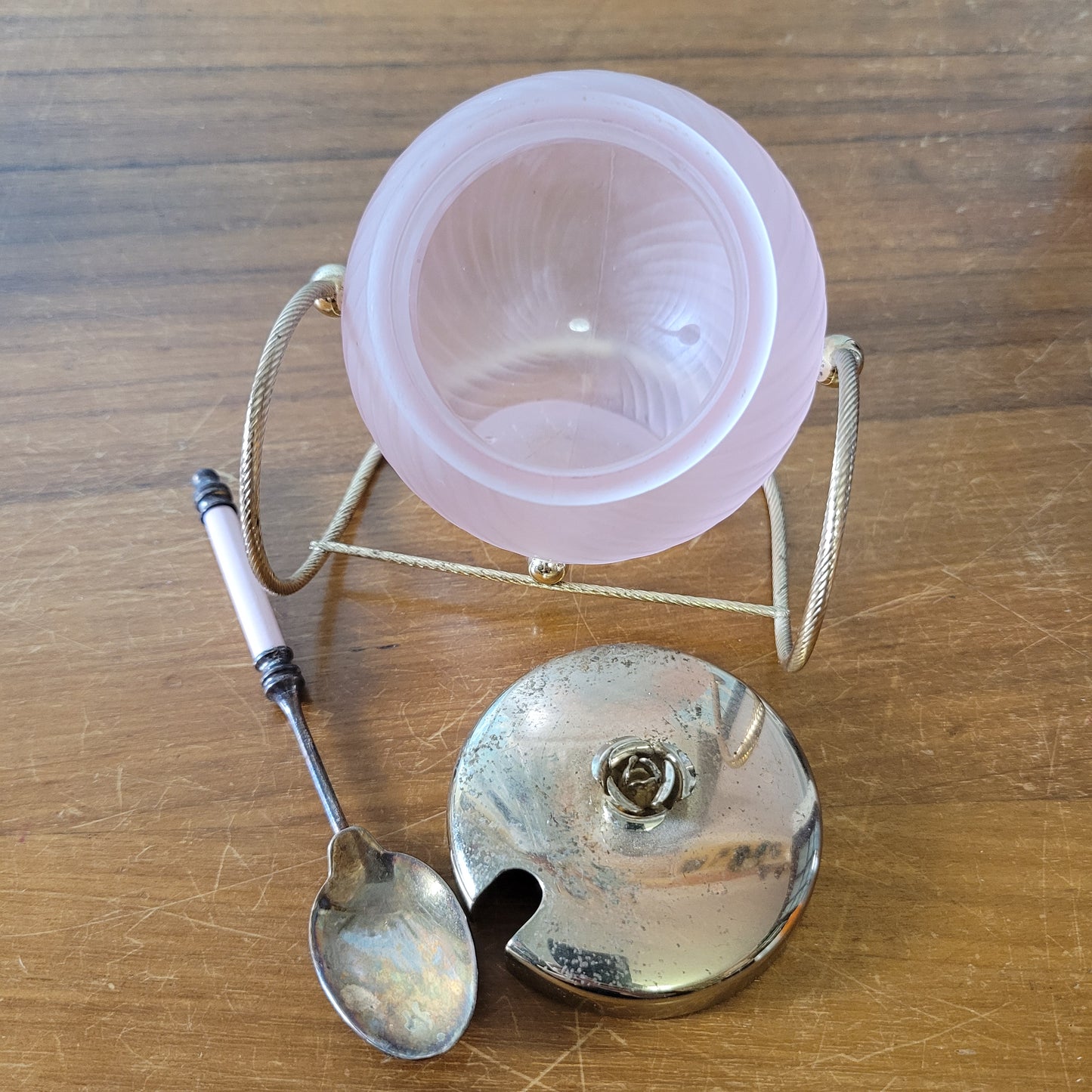 Pair of rare 1970s rose pink glass preserve jars with gold-tone stands & lids
