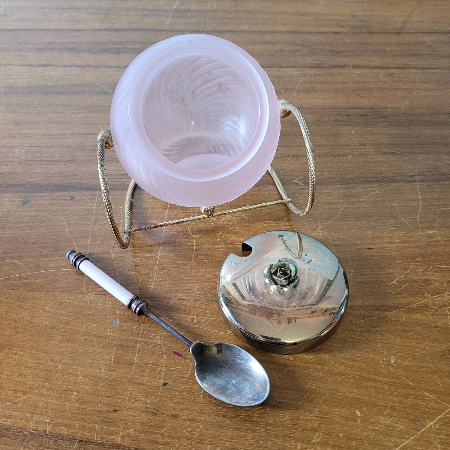 Pair of rare 1970s rose pink glass preserve jars with gold-tone stands & lids