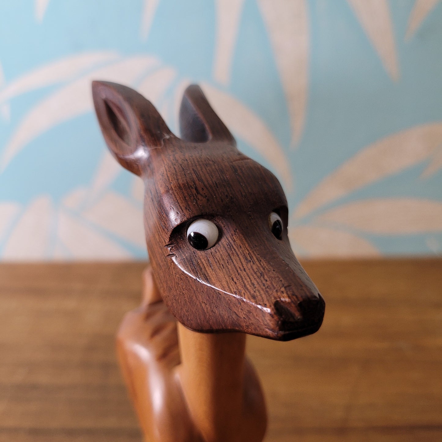 Mid-century hand-crafted mismatched wooden deer corkscrew with googly eyes
